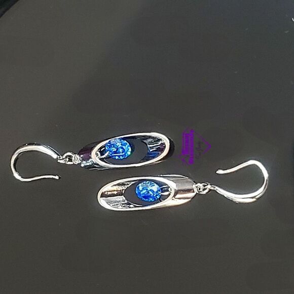 Round Blue Crystal Long Dangle Fishhook Earrings on 925 Silver - Picture 6 of 9